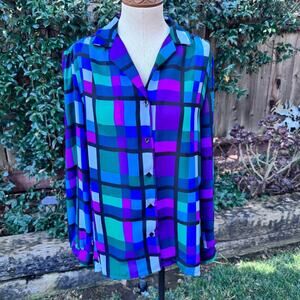 Vtg Teddi California 80s Abstract Blue Purple Long Sleeve Blouse Women's Sz 14